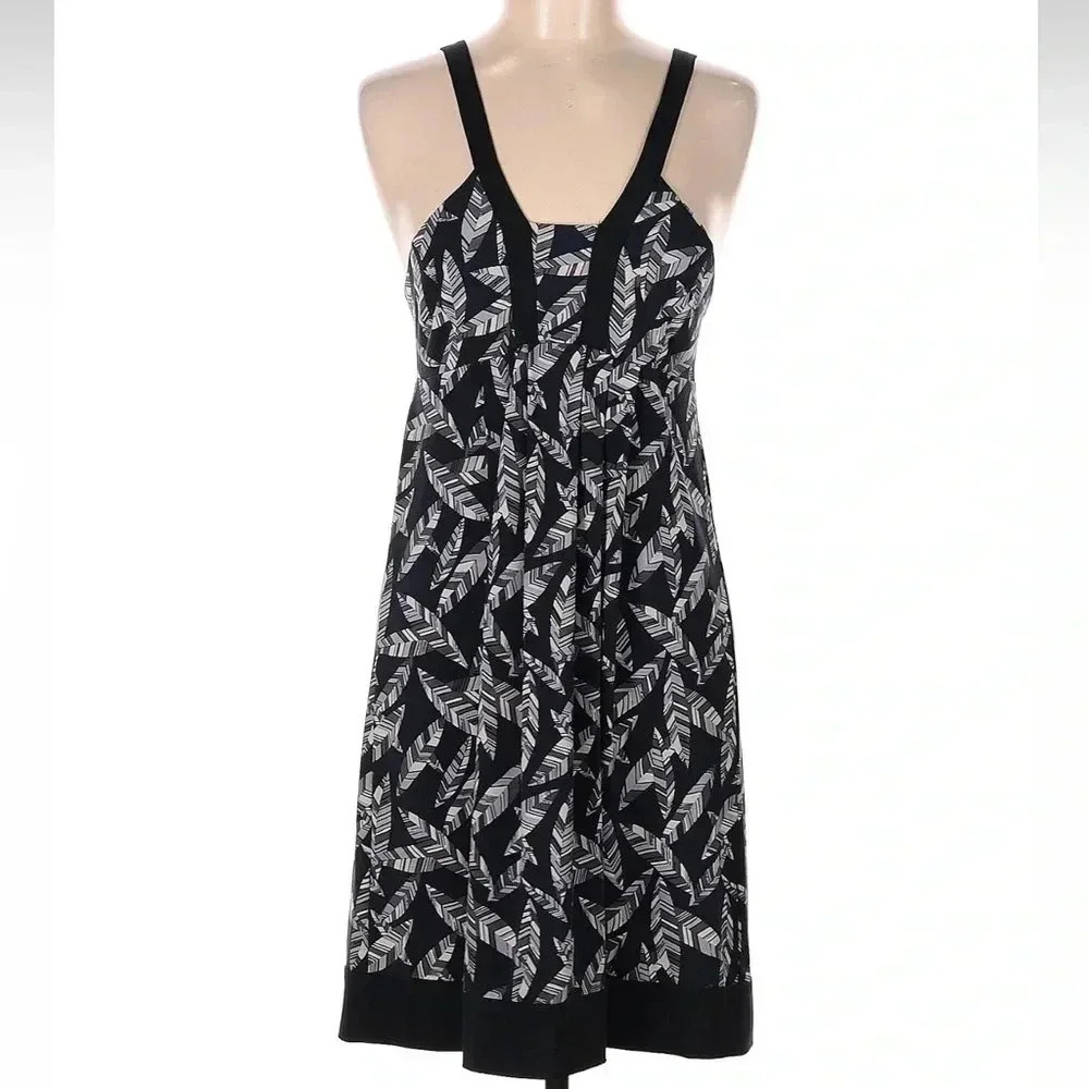 BCBGMAXAZRIA Y2K Navy & Grey Feather Boho Printed Dress Size Medium M